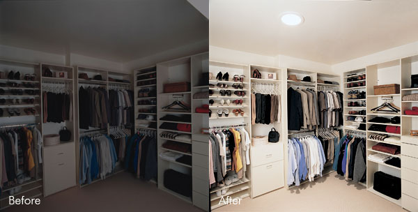 Dark closet illuminated by sun pipe installation